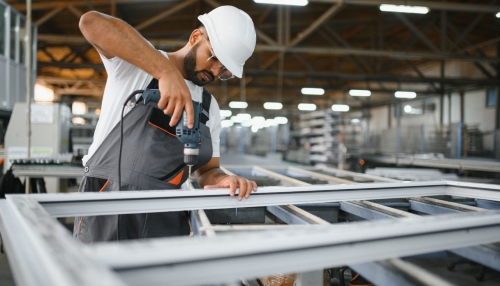 assembly worker wearing a hardhat is using a drill to assembly a metal window frame